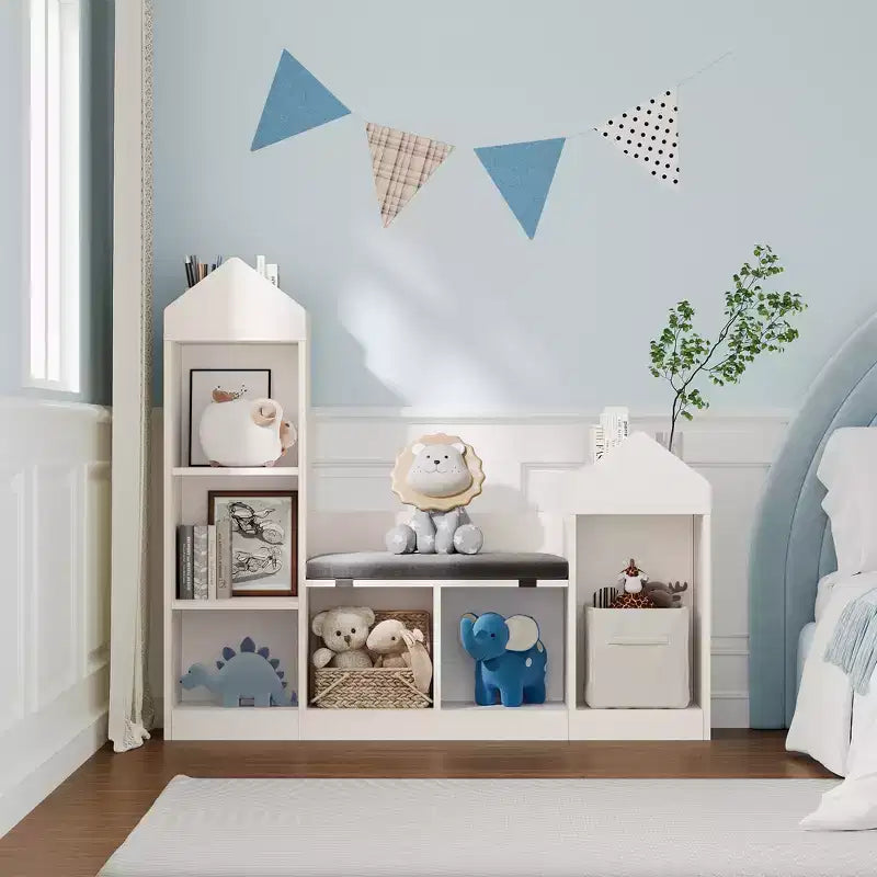 Kids Bookcase, Toy Storage Organizer with Seat, Kids Bookshelf, Wooden Storage Bench Playhouse Cabinet for Kids Room, Playroom, Classroom, Nursery