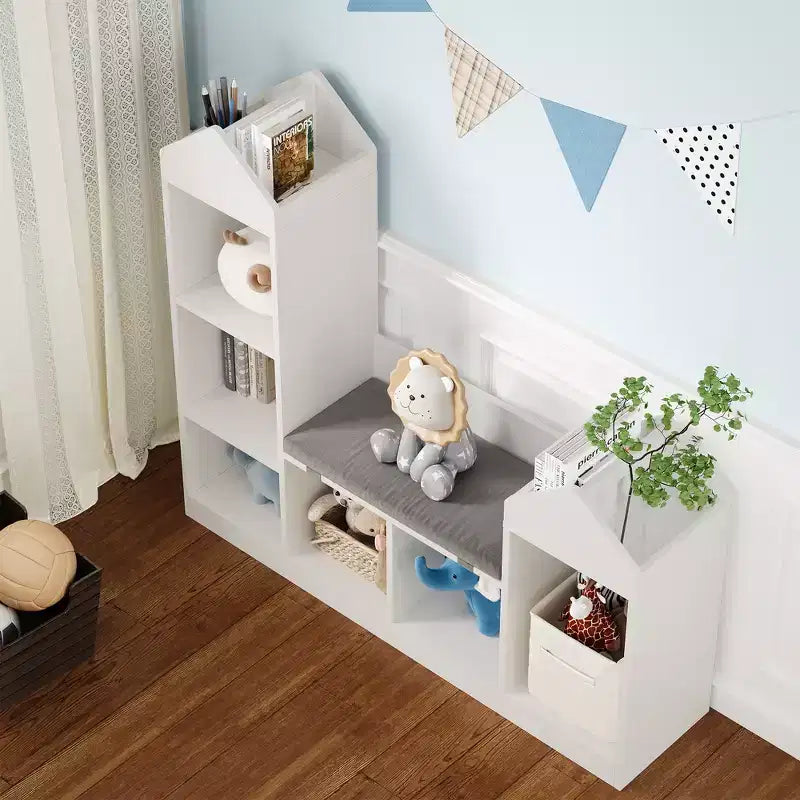 Kids Bookcase, Toy Storage Organizer with Seat, Kids Bookshelf, Wooden Storage Bench Playhouse Cabinet for Kids Room, Playroom, Classroom, Nursery