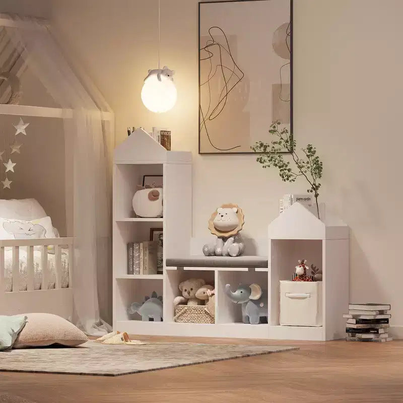 Kids Bookcase, Toy Storage Organizer with Seat, Kids Bookshelf, Wooden Storage Bench Playhouse Cabinet for Kids Room, Playroom, Classroom, Nursery