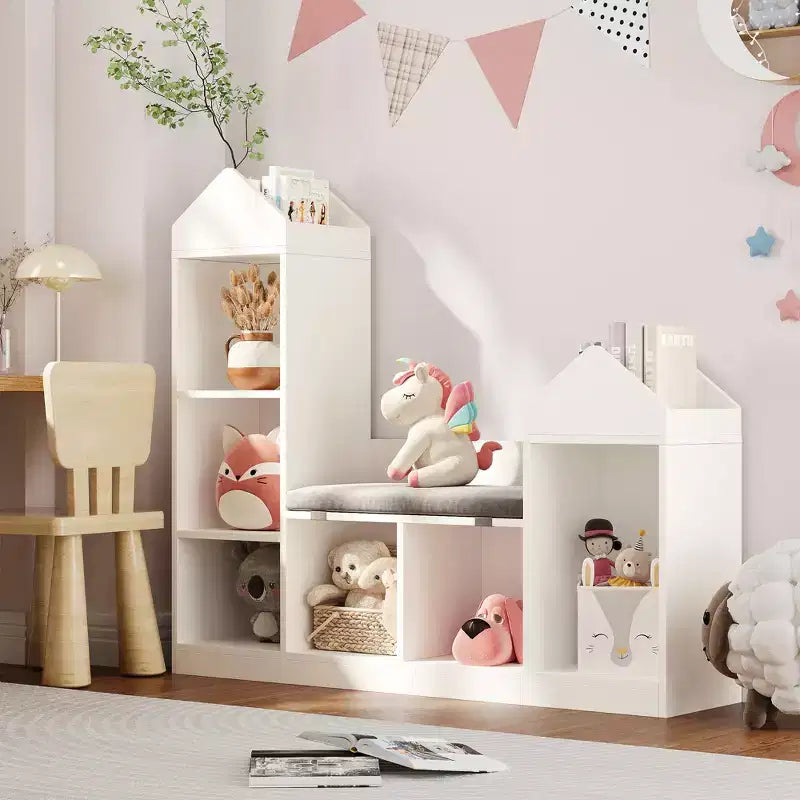 Kids Bookcase, Toy Storage Organizer with Seat, Kids Bookshelf, Wooden Storage Bench Playhouse Cabinet for Kids Room, Playroom, Classroom, Nursery