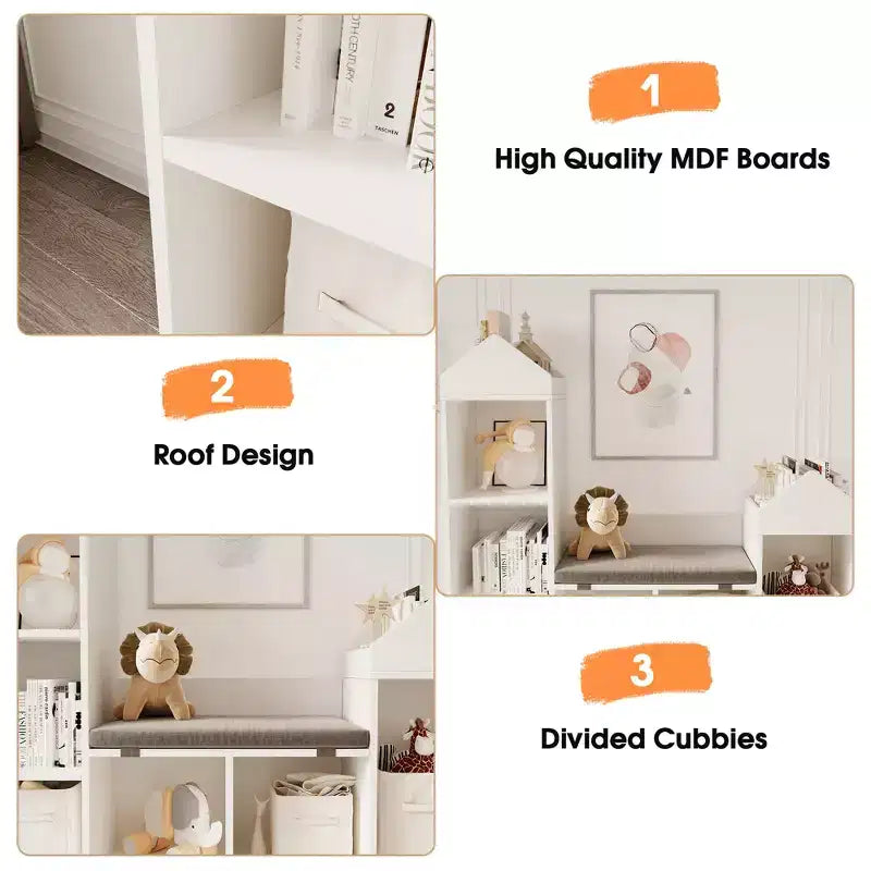 Kids Bookcase, Toy Storage Organizer with Seat, Kids Bookshelf, Wooden Storage Bench Playhouse Cabinet for Kids Room, Playroom, Classroom, Nursery