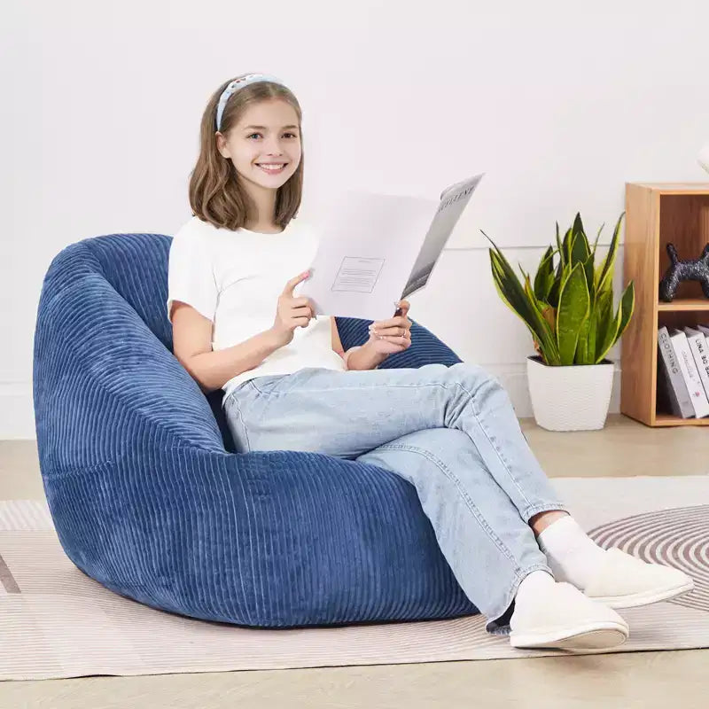 3-Feet Bean Bag Chair with Soft Armrests and Storage Pocket, 25D Memory Foam, Teddy Velvet Cover, Blue