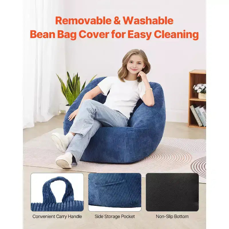 3-Feet Bean Bag Chair with Soft Armrests and Storage Pocket, 25D Memory Foam, Teddy Velvet Cover, Blue