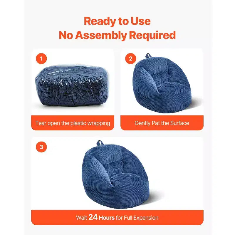 3-Feet Bean Bag Chair with Soft Armrests and Storage Pocket, 25D Memory Foam, Teddy Velvet Cover, Blue