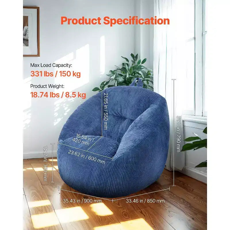 3-Feet Bean Bag Chair with Soft Armrests and Storage Pocket, 25D Memory Foam, Teddy Velvet Cover, Blue