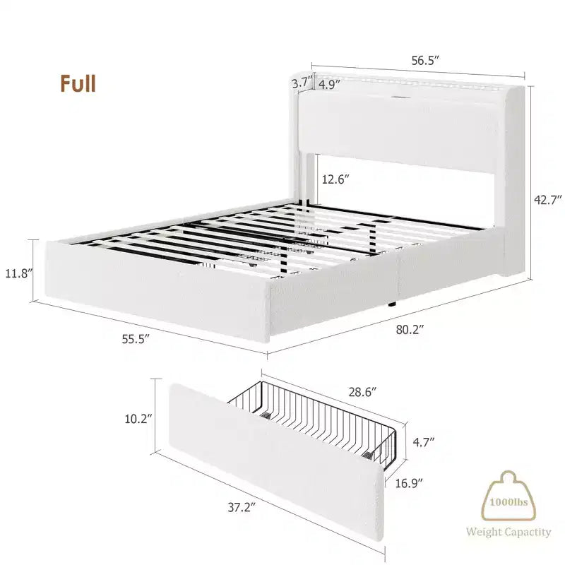 Bed Frame with 4 Storage Drawers, Upholstered Bed Frame with Headboard, Charging Station LED Lights, No Box Spring Needed, Noise Free