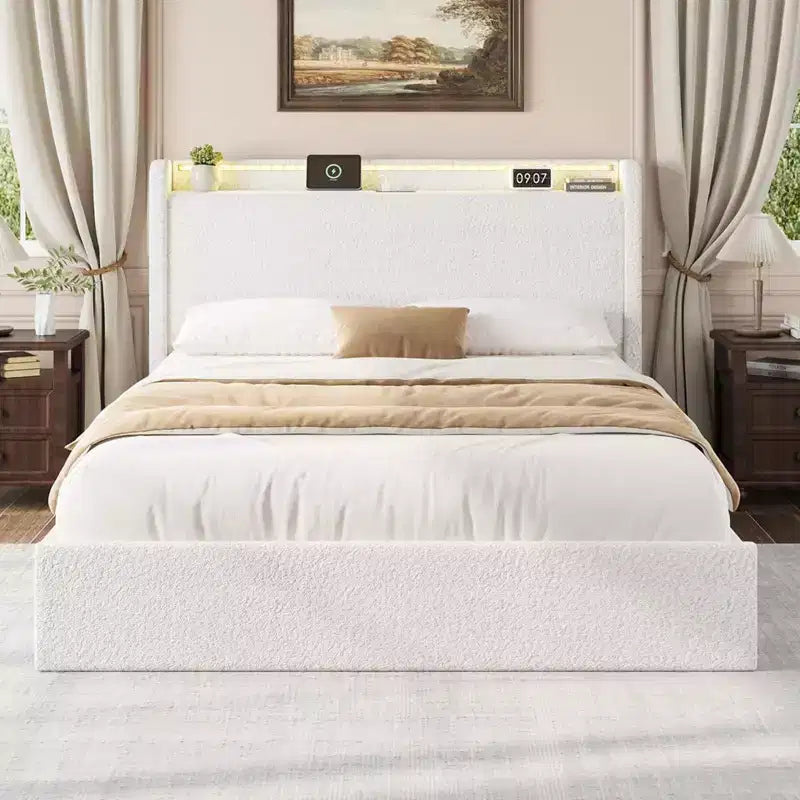 Bed Frame with 4 Storage Drawers, Upholstered Bed Frame with Headboard, Charging Station LED Lights, No Box Spring Needed, Noise Free