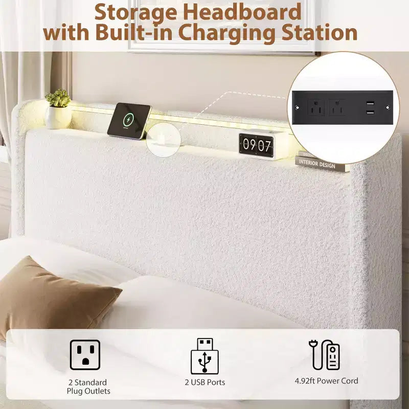 Bed Frame with 4 Storage Drawers, Upholstered Bed Frame with Headboard, Charging Station LED Lights, No Box Spring Needed, Noise Free