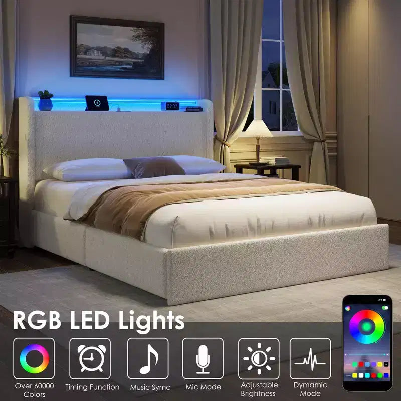 Bed Frame with 4 Storage Drawers, Upholstered Bed Frame with Headboard, Charging Station LED Lights, No Box Spring Needed, Noise Free