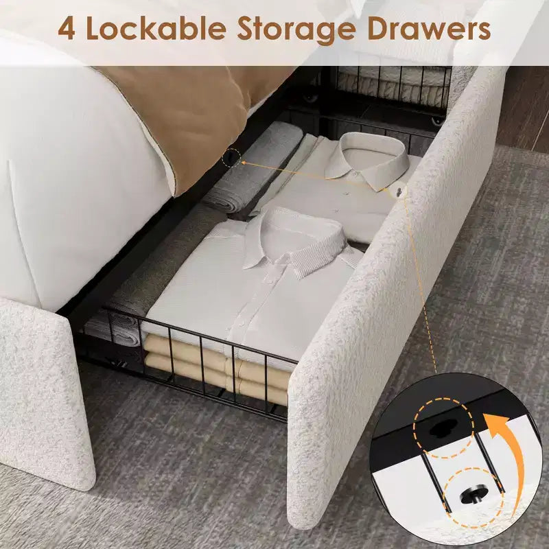 Bed Frame with 4 Storage Drawers, Upholstered Bed Frame with Headboard, Charging Station LED Lights, No Box Spring Needed, Noise Free