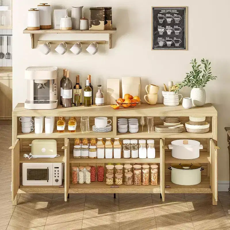 Adjustable 3-layer slotted storage cabinet with doors and handles, designed for kitchens, entrances and dining rooms