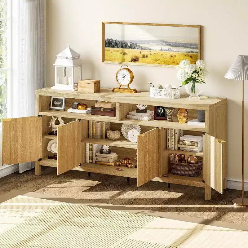Adjustable 3-layer slotted storage cabinet with doors and handles, designed for kitchens, entrances and dining rooms