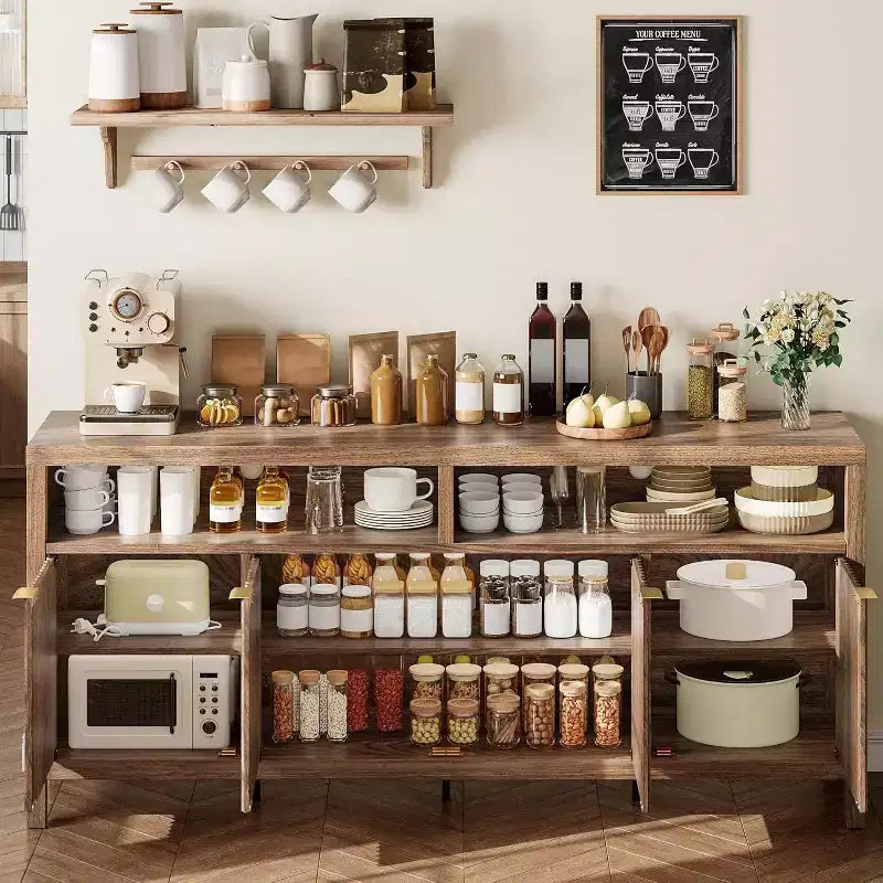 Adjustable 3-layer slotted storage cabinet with doors and handles, designed for kitchens, entrances and dining rooms