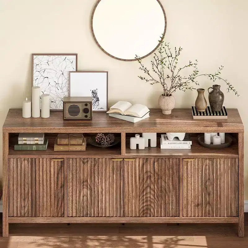 Adjustable 3-layer slotted storage cabinet with doors and handles, designed for kitchens, entrances and dining rooms
