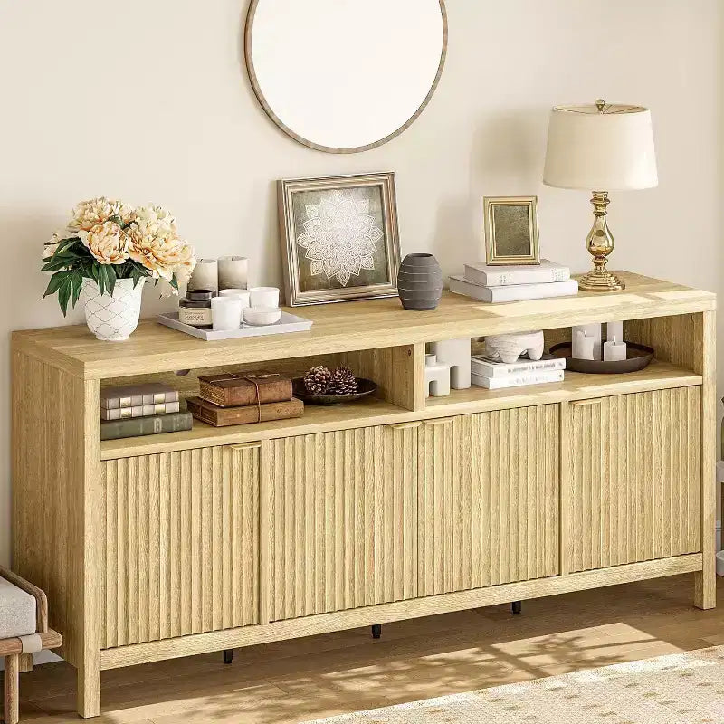 Adjustable 3-layer slotted storage cabinet with doors and handles, designed for kitchens, entrances and dining rooms