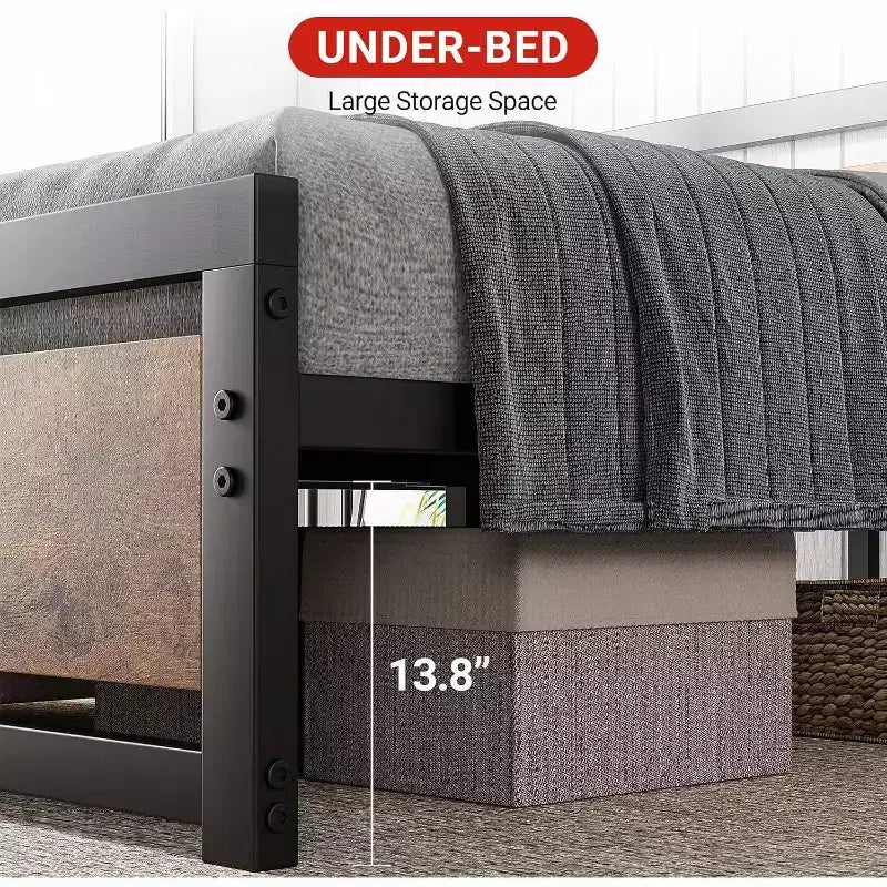 King Size Bed Frame with Headboard, No Box Spring Needed, 14 Platform with Storage, Retro Brown