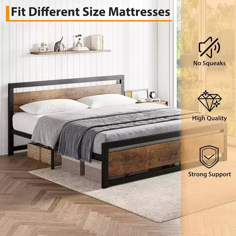 King Size Bed Frame with Headboard, No Box Spring Needed, 14 Platform with Storage, Retro Brown