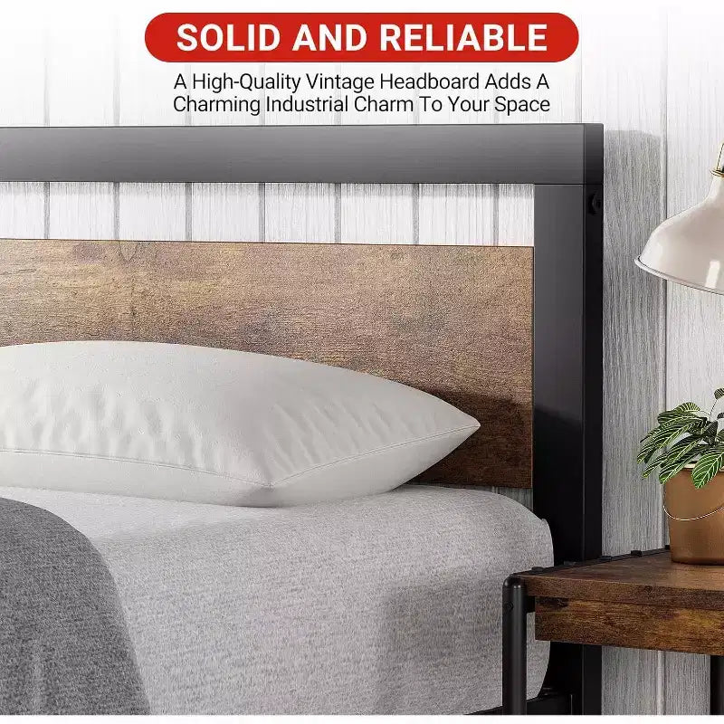 King Size Bed Frame with Headboard, No Box Spring Needed, 14 Platform with Storage, Retro Brown