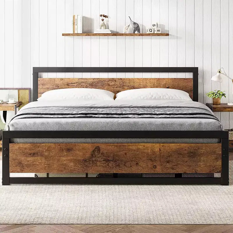 King Size Bed Frame with Headboard, No Box Spring Needed, 14 Platform with Storage, Retro Brown