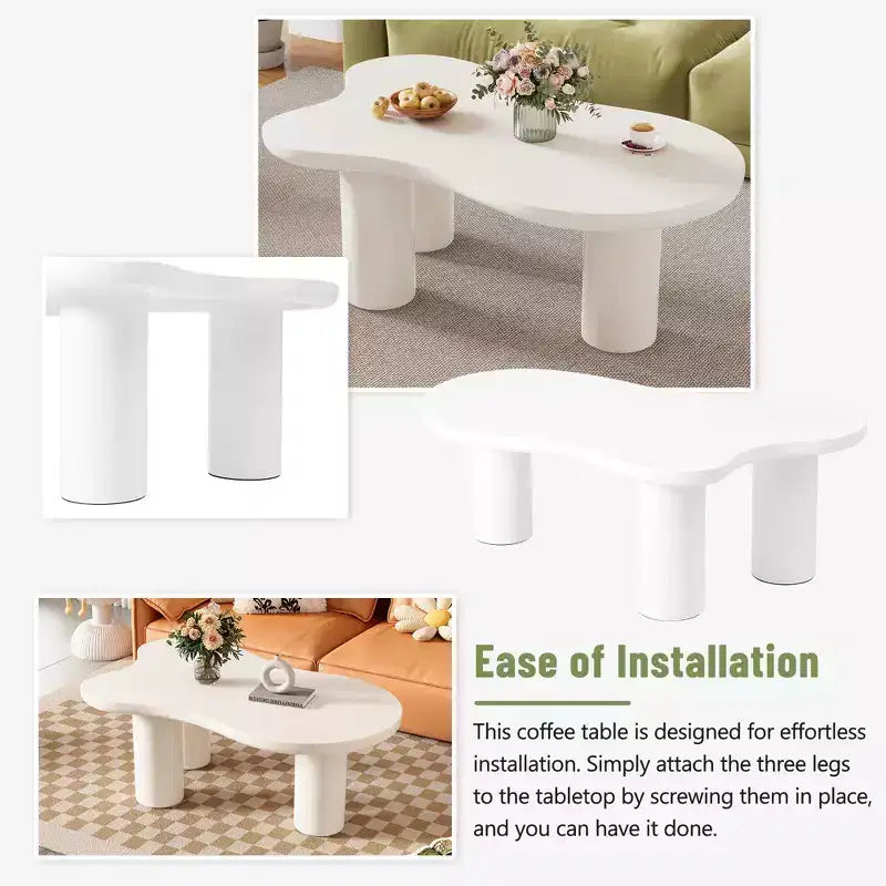 Cloud Coffee Table, Cream Style Irregular End Table with 3 Sturdy Legs, Round Edge