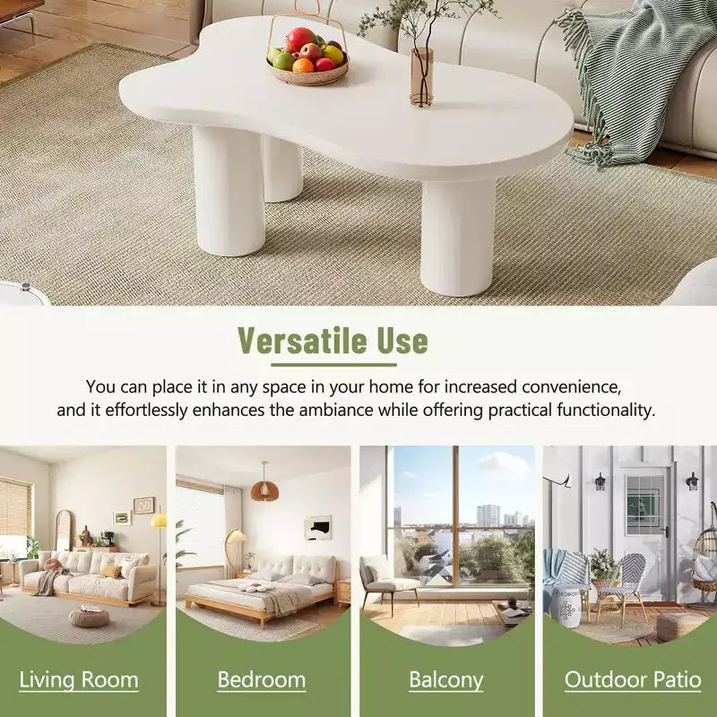 Cloud Coffee Table, Cream Style Irregular End Table with 3 Sturdy Legs, Round Edge