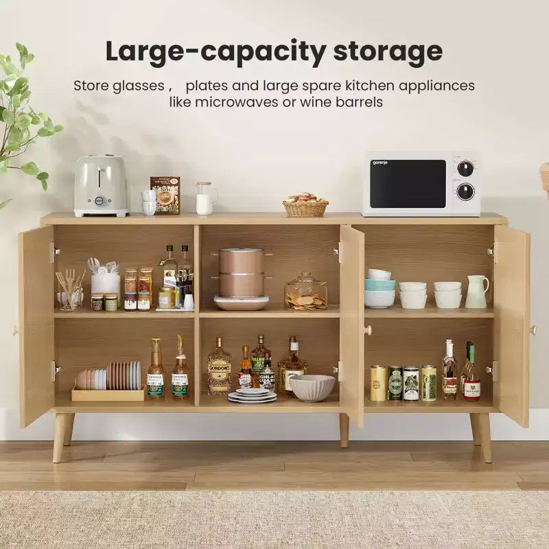Side Panel Cabinet with 3 Rattan Doors, Kitchen Storage Cabinet with Modern Adjustable Legs
