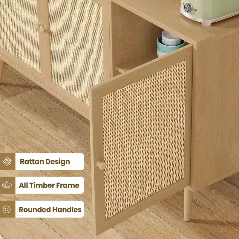 Side Panel Cabinet with 3 Rattan Doors, Kitchen Storage Cabinet with Modern Adjustable Legs