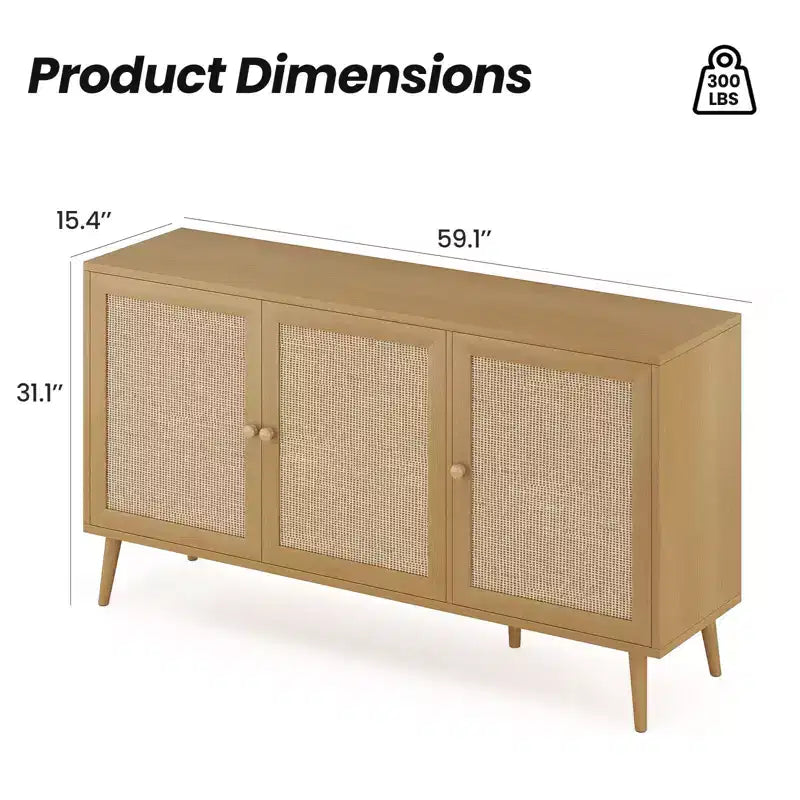 Side Panel Cabinet with 3 Rattan Doors, Kitchen Storage Cabinet with Modern Adjustable Legs