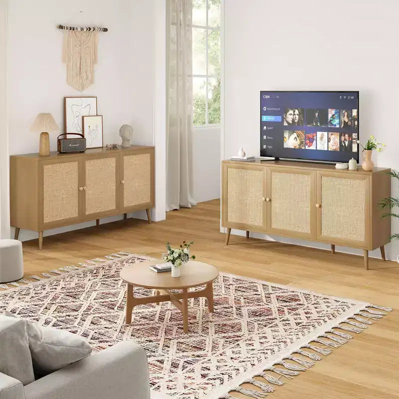 Side Panel Cabinet with 3 Rattan Doors, Kitchen Storage Cabinet with Modern Adjustable Legs