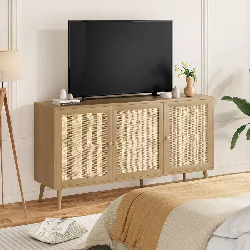 Side Panel Cabinet with 3 Rattan Doors, Kitchen Storage Cabinet with Modern Adjustable Legs