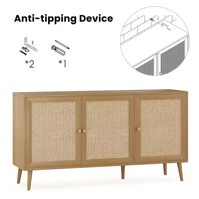 Side Panel Cabinet with 3 Rattan Doors, Kitchen Storage Cabinet with Modern Adjustable Legs