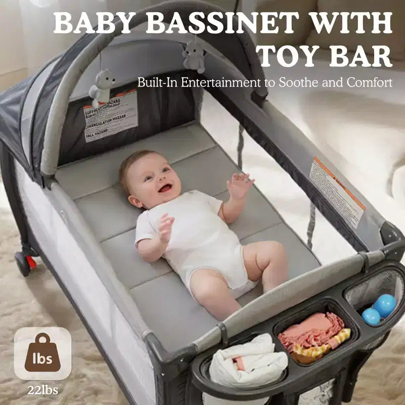 4-in-1 Portable Pack 'n Play with Bassinet, Changing Table, Adjustable Canopy, Storage Basket & Travel Bag