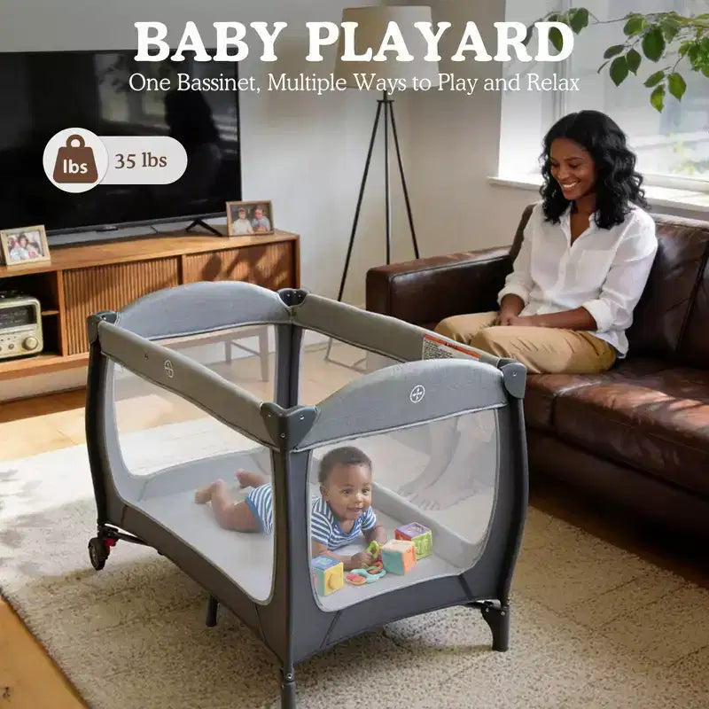 4-in-1 Portable Pack 'n Play with Bassinet, Changing Table, Adjustable Canopy, Storage Basket & Travel Bag