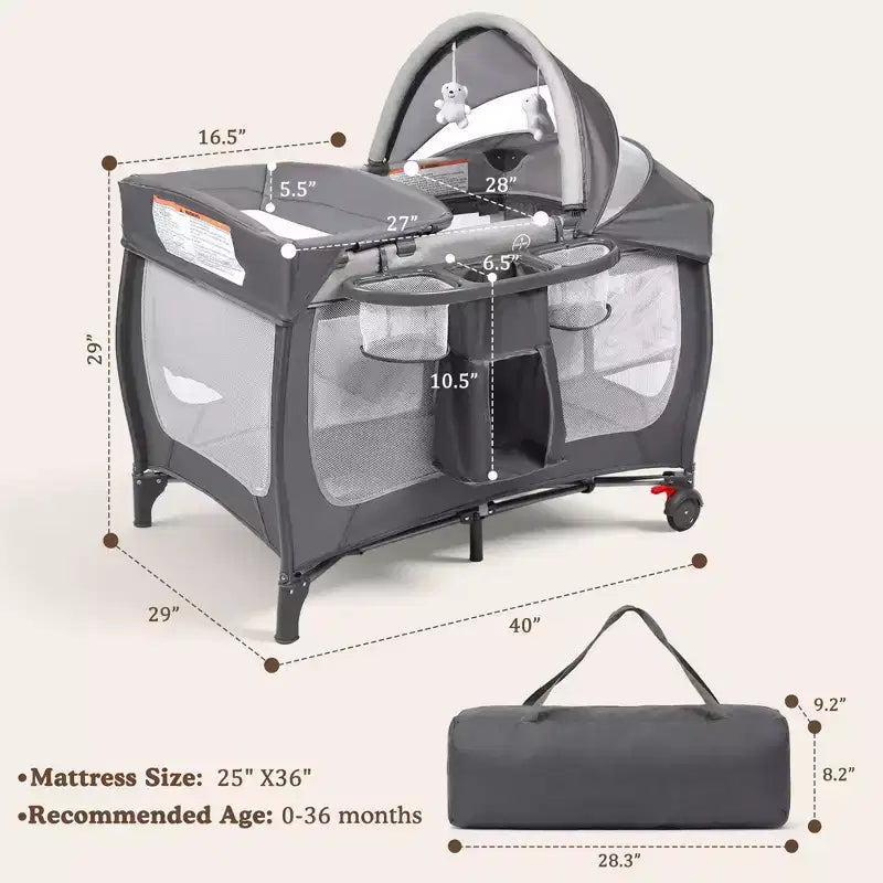 4-in-1 Portable Pack 'n Play with Bassinet, Changing Table, Adjustable Canopy, Storage Basket & Travel Bag