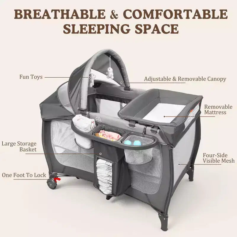 4-in-1 Portable Pack 'n Play with Bassinet, Changing Table, Adjustable Canopy, Storage Basket & Travel Bag