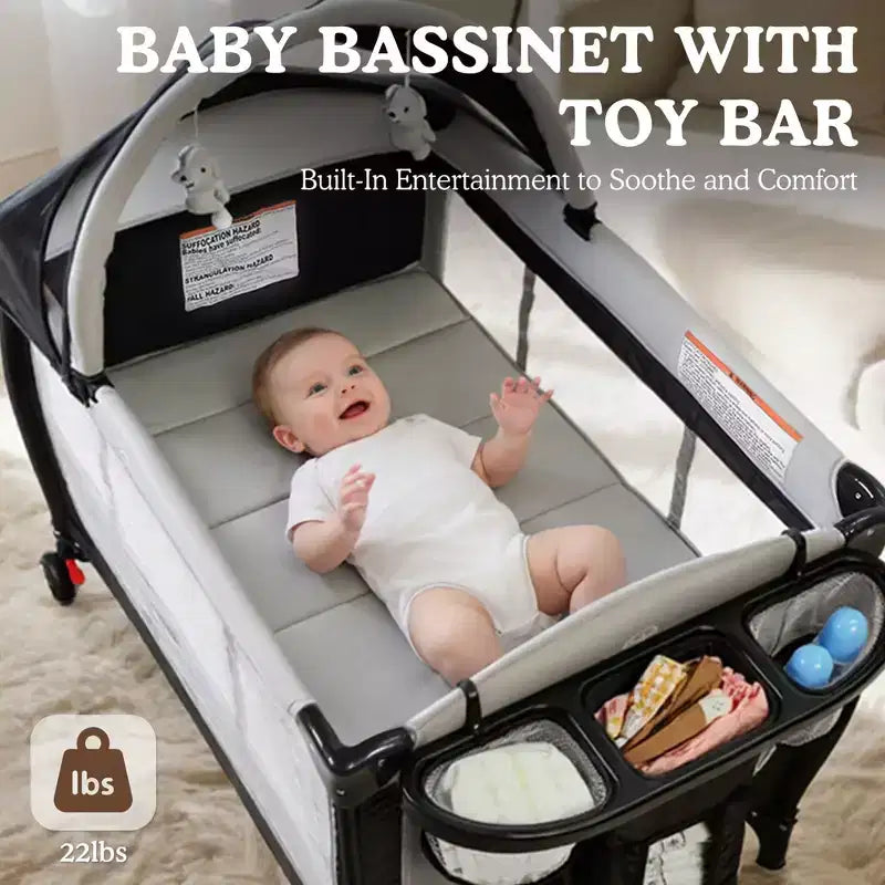 4-in-1 Portable Pack 'n Play with Bassinet, Changing Table, Adjustable Canopy, Storage Basket & Travel Bag