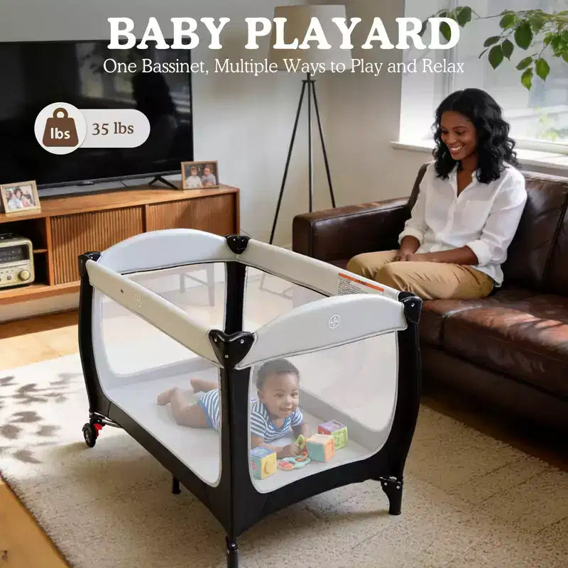 4-in-1 Portable Pack 'n Play with Bassinet, Changing Table, Adjustable Canopy, Storage Basket & Travel Bag