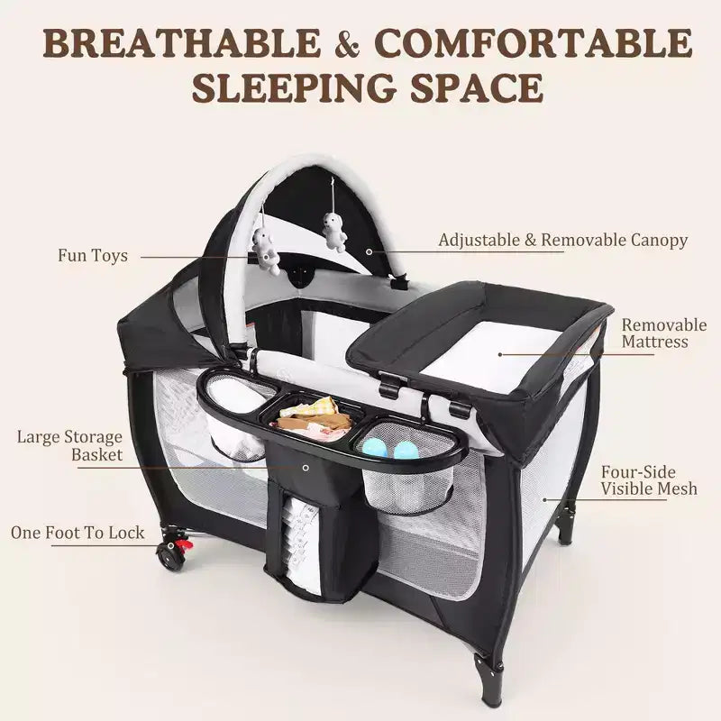 4-in-1 Portable Pack 'n Play with Bassinet, Changing Table, Adjustable Canopy, Storage Basket & Travel Bag