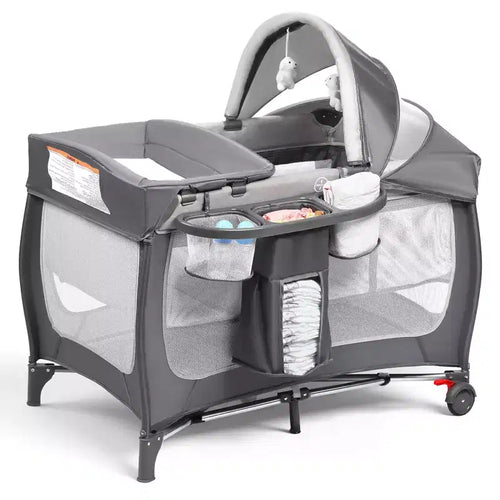 Kinder King 4-in-1 Portable Pack 'n Play with Bassinet, Changing Table, Adjustable Canopy, Storage Basket & Travel Bag  Infant to Toddler Playard