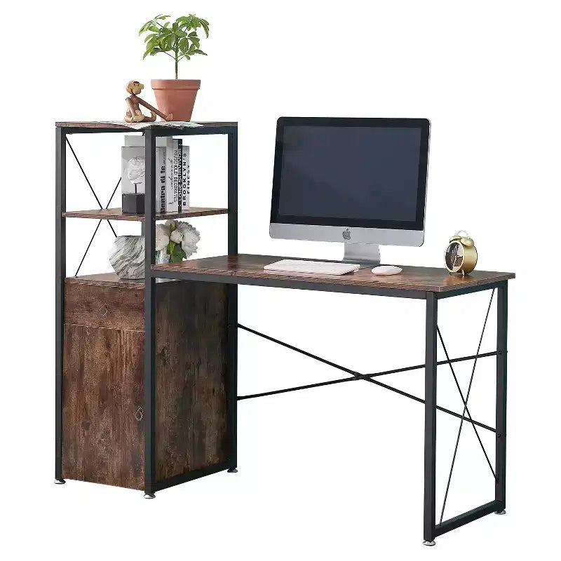Computer Desk with Drawer & Storage Cabinet, Large Office Desk Workstation with Bookshelf, Brown