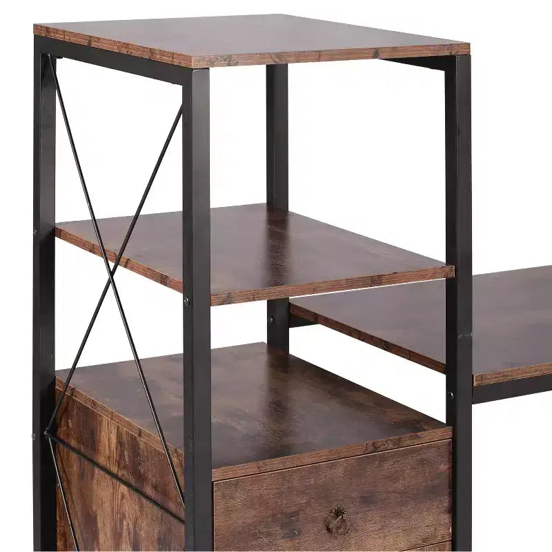 Computer Desk with Drawer & Storage Cabinet, Large Office Desk Workstation with Bookshelf, Brown
