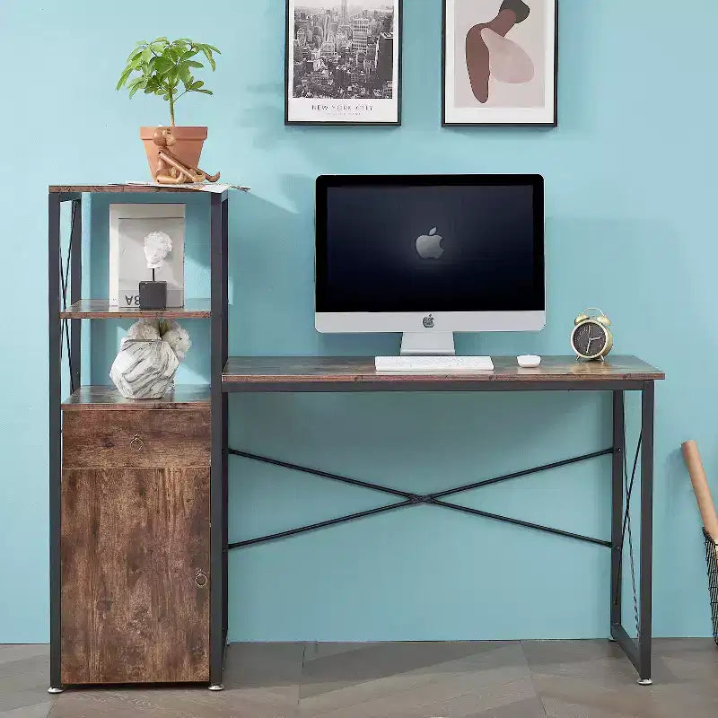 Computer Desk with Drawer & Storage Cabinet, Large Office Desk Workstation with Bookshelf, Brown