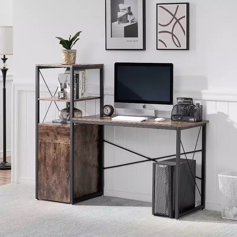 Computer Desk with Drawer & Storage Cabinet, Large Office Desk Workstation with Bookshelf, Brown