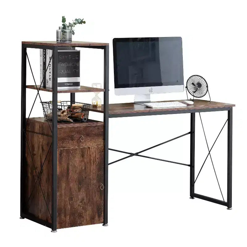 Computer Desk with Drawer & Storage Cabinet, Large Office Desk Workstation with Bookshelf, Brown