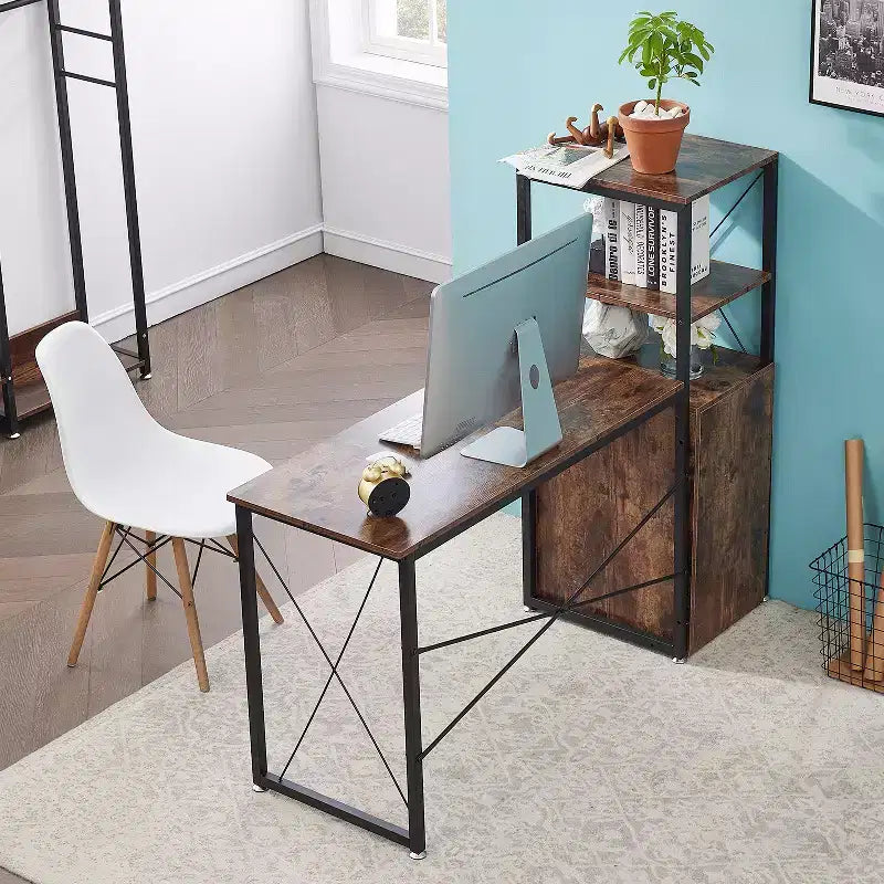 Computer Desk with Drawer & Storage Cabinet, Large Office Desk Workstation with Bookshelf, Brown