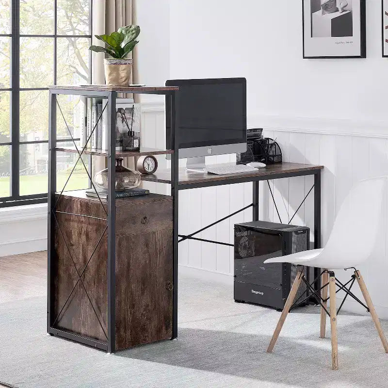 Computer Desk with Drawer & Storage Cabinet, Large Office Desk Workstation with Bookshelf, Brown
