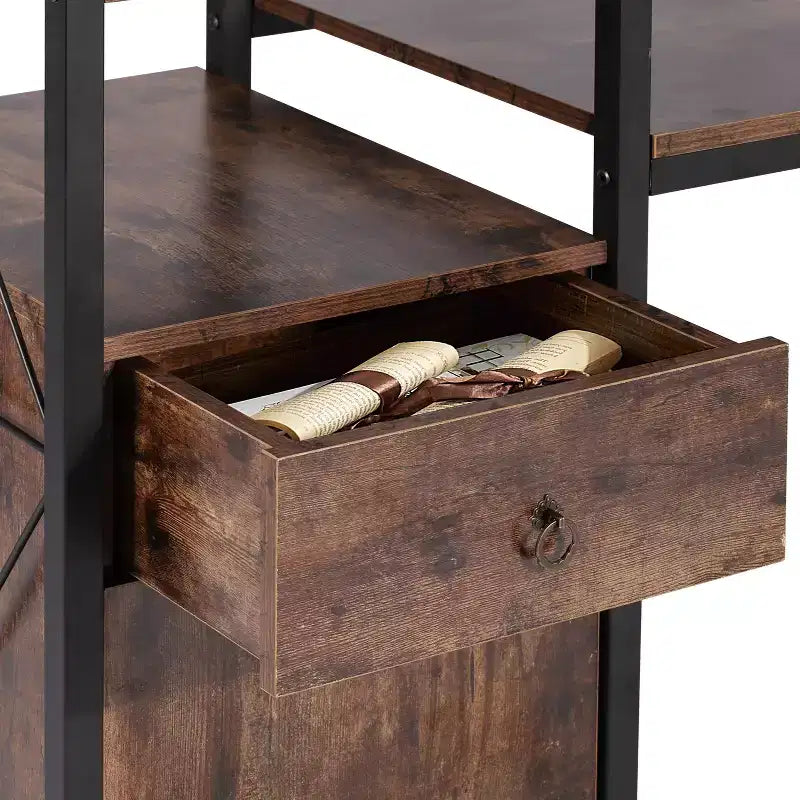 Computer Desk with Drawer & Storage Cabinet, Large Office Desk Workstation with Bookshelf, Brown