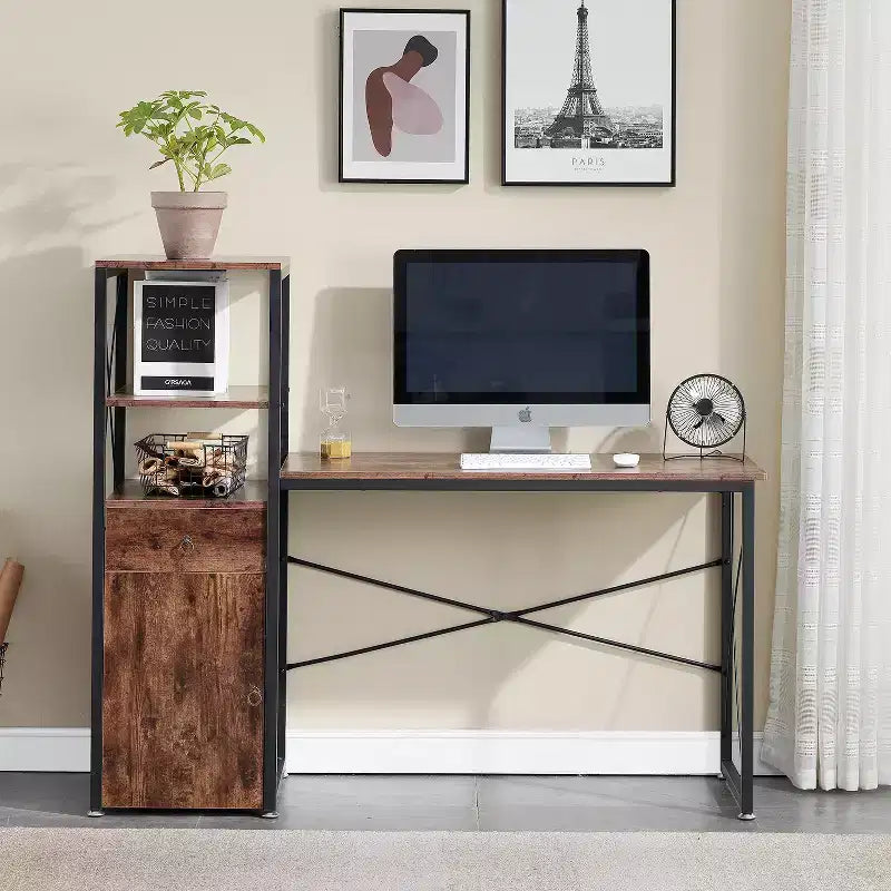 Computer Desk with Drawer & Storage Cabinet, Large Office Desk Workstation with Bookshelf, Brown