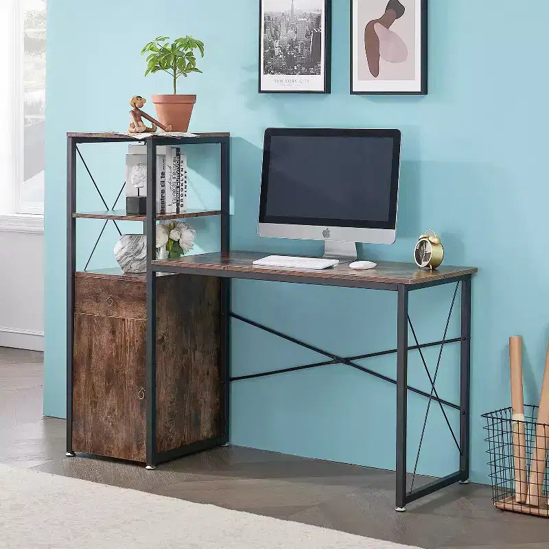 Computer Desk with Drawer & Storage Cabinet, Large Office Desk Workstation with Bookshelf, Brown