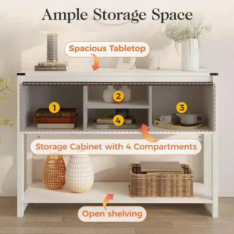 Farmhouse Entryway Console Table with Storage Shelves, Sliding Barn Door and Spacious Tabletop, White